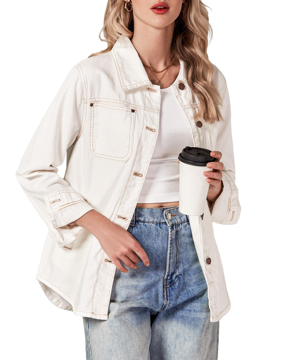 luvamia Women's Fashion Casual Button Down Denim Jacket For Women Jean Jacket For Women Trendy Women's Denim Jacket Women's Casual Jackets Jacket For Women Ivory White Size Large Fits Size 12 Size 14