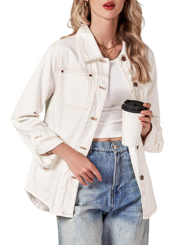 luvamia Women's Fashion Casual Button Down Denim Jacket For Women Jean Jacket For Women Trendy Women's Denim Jacket Women's Casual Jackets Jacket For Women Ivory White Size Large Fits Size 12 Size 14
