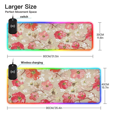 Flower Florals Wireless Charging Mouse Pad for Mobile Phone Extra Large Gaming Mousepad with 13 Lighting Modes Mouse Mat for MacBook PC Laptop Desk Office Home Gaming