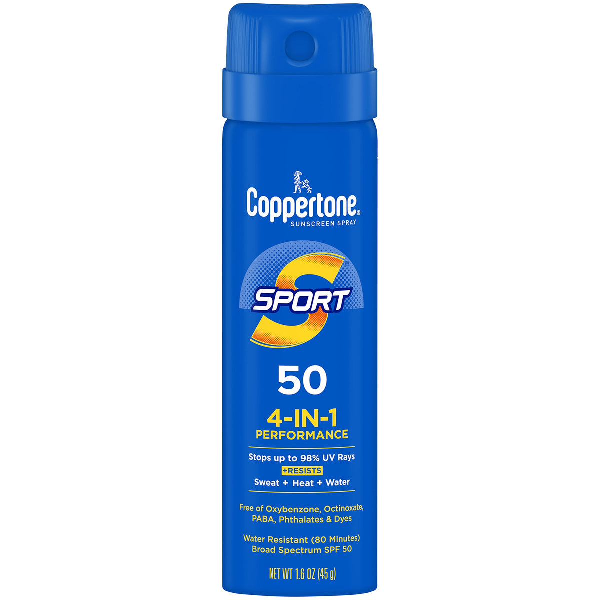 Coppertone SPORT Sunscreen Spray SPF 50, Water Resistant, Continuous Sunscreen, Broad Spectrum 50 Travel Size, 1.6 Oz