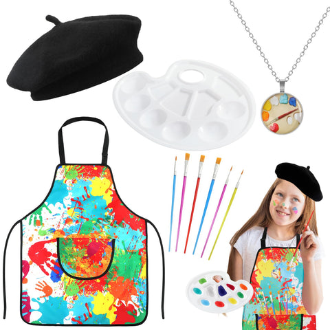 XEPST 4PCS Artist Costume for Girls Boys - Kids Artist Costume Accessories Set with Kids Aprons for Painting Artist Hat for Kids Halloween Costumes Career Day Costume Carnival Cosplay World Book Day