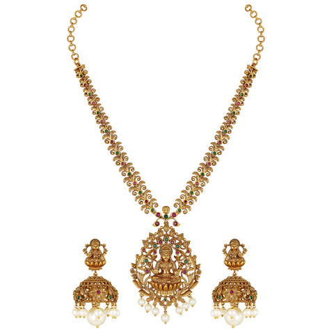 Aheli South Indian Traditional CZ Designer Necklace Earrings Bollywood Ethnic Wedding Jewelry Set for Women Girls Goddess Lakshmi Green