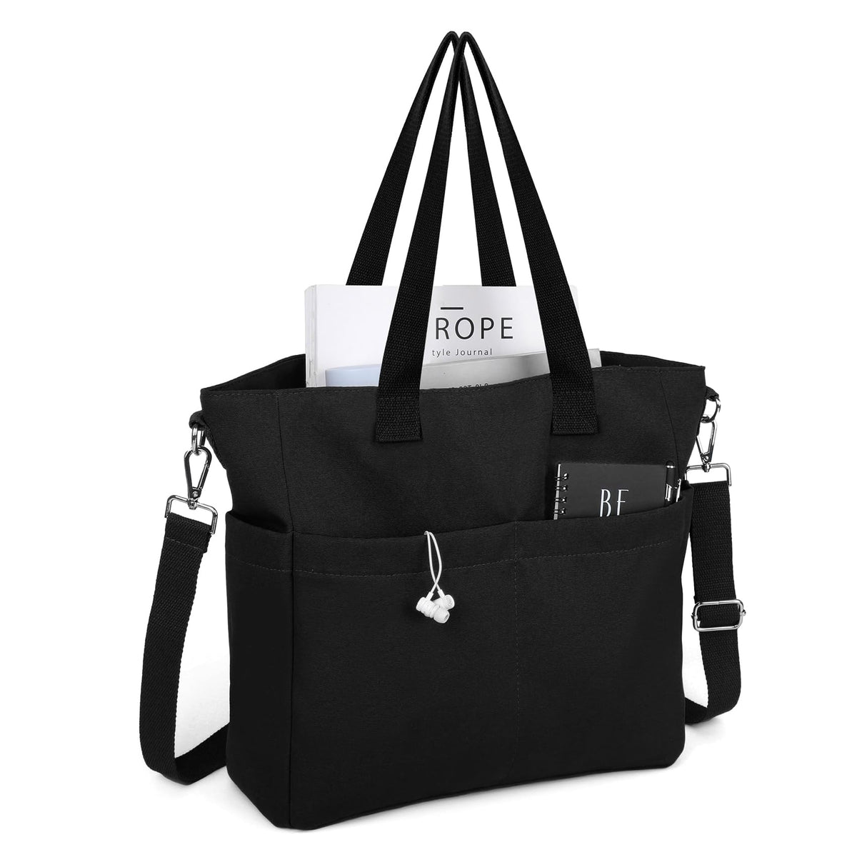 Casual Canvas Tote Bag for Women Crossbody Hobo Bag With Zipper Large Gym Travel Work Shoulder Tote Handbag, Black