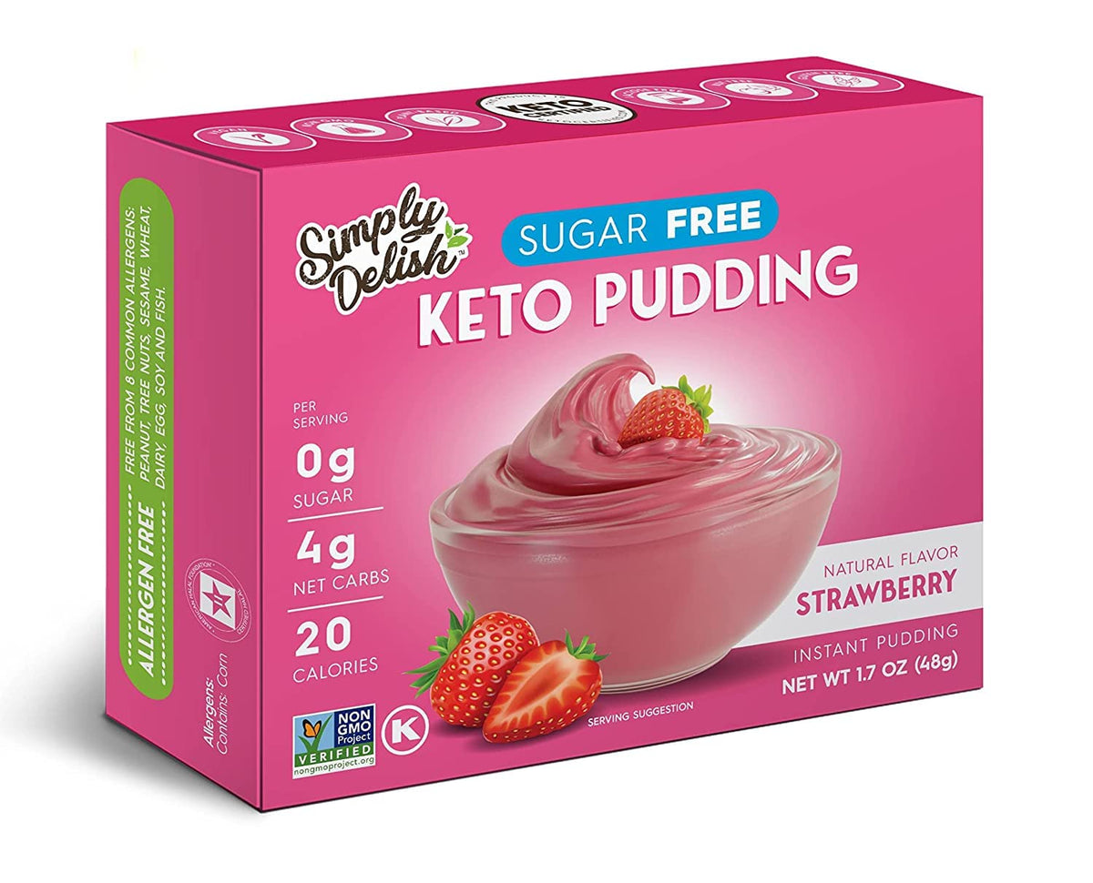 Simply Delish Instant Strawberry Pudding Mix - Plant Based Guilt Free Desserts - All Natural, Sugar Free, Non GMO, Gluten Free, Fat Free, Vegan, Keto Friendly - 1.7 Ounce (Pack of 6)