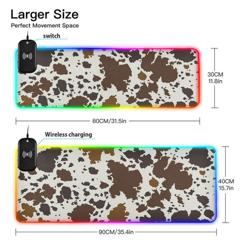 Cow Skin Print Wireless Charging Mouse Pad for Mobile Phone Extra Large Gaming Mousepad with 13 Lighting Modes Computer Mat for Gaming MacBook PC Laptop Desk Home Office