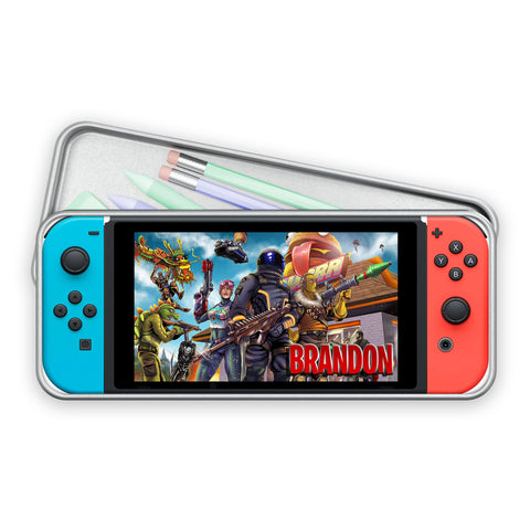 Print Maniacs Personalised Nintendo Switch Game Tin Pencil Case Back to School Kids Tidy Stationary Organizer Fort (Red and Blue, Silver Case)