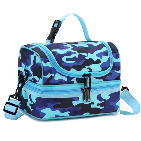 VASCHY Kids Lunch Bag, Portable Lunch Bag Separate Compartments Reusable Boys Lunch Handbag with Adjustable Shoulder Strap for School and Picnic Camouflage Blue