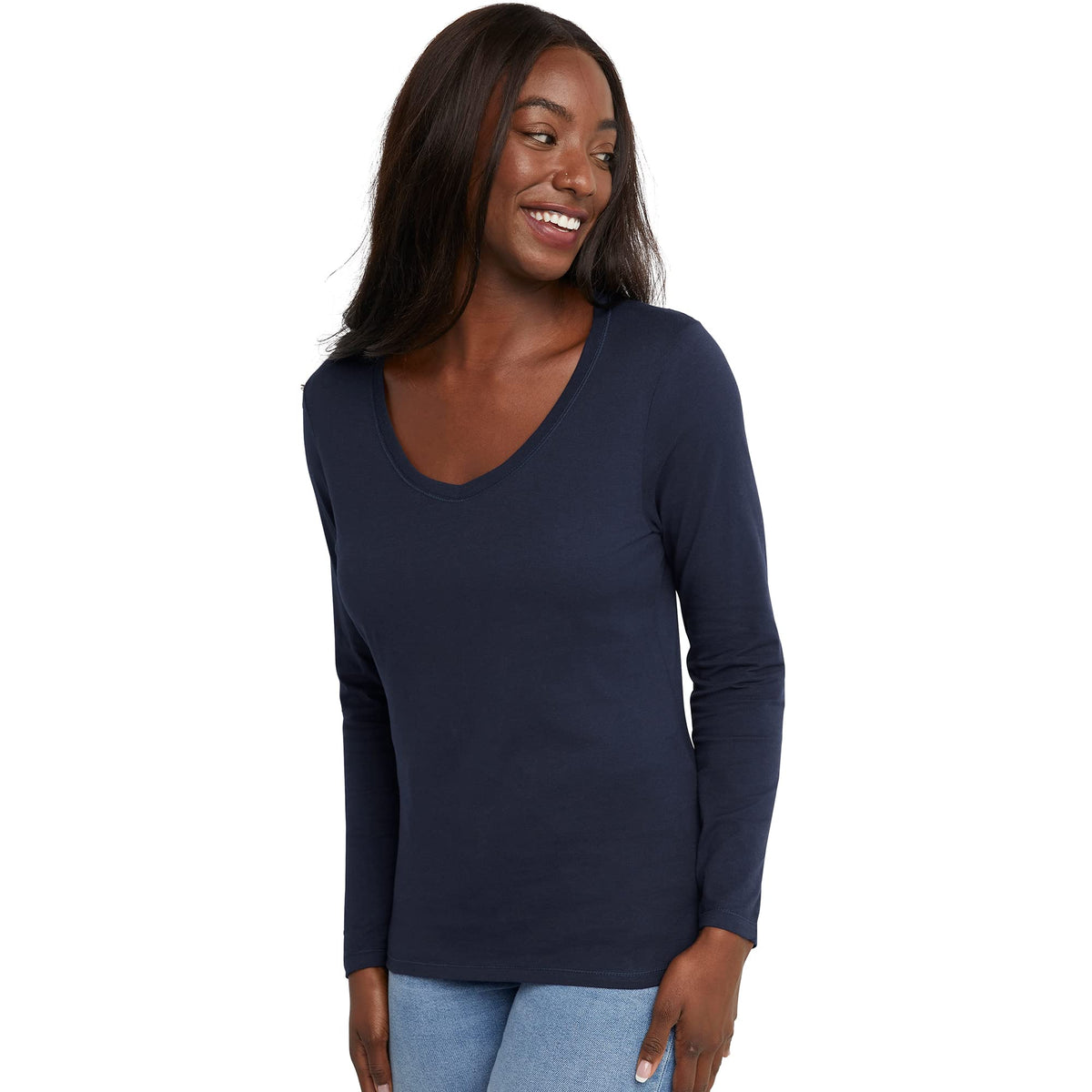 Hanes Comfortblend Women's Originals Long Sleeve Cotton T-Shirt, Lightweight V-Neck Tee, Modern Fit, Navy