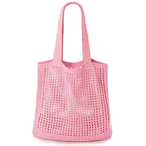KPX Crochet Tote Bag, Beach Mesh Knitted Bag Large Aesthetic Shoulder Bag Handbags Hollow Hobo Bag for Women Summer (Pink, Style W)