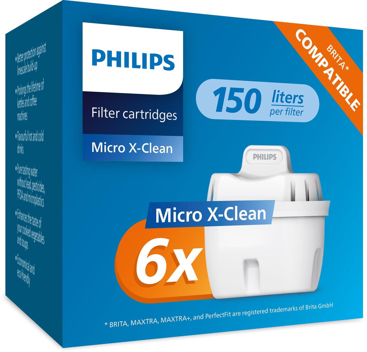 Philips Water Replacement Filter Cartridges, 6-Pack, Brita Compatible, Reduces MICROPLASTICS, Chlorine, LIMESCALE, Heavy Metals