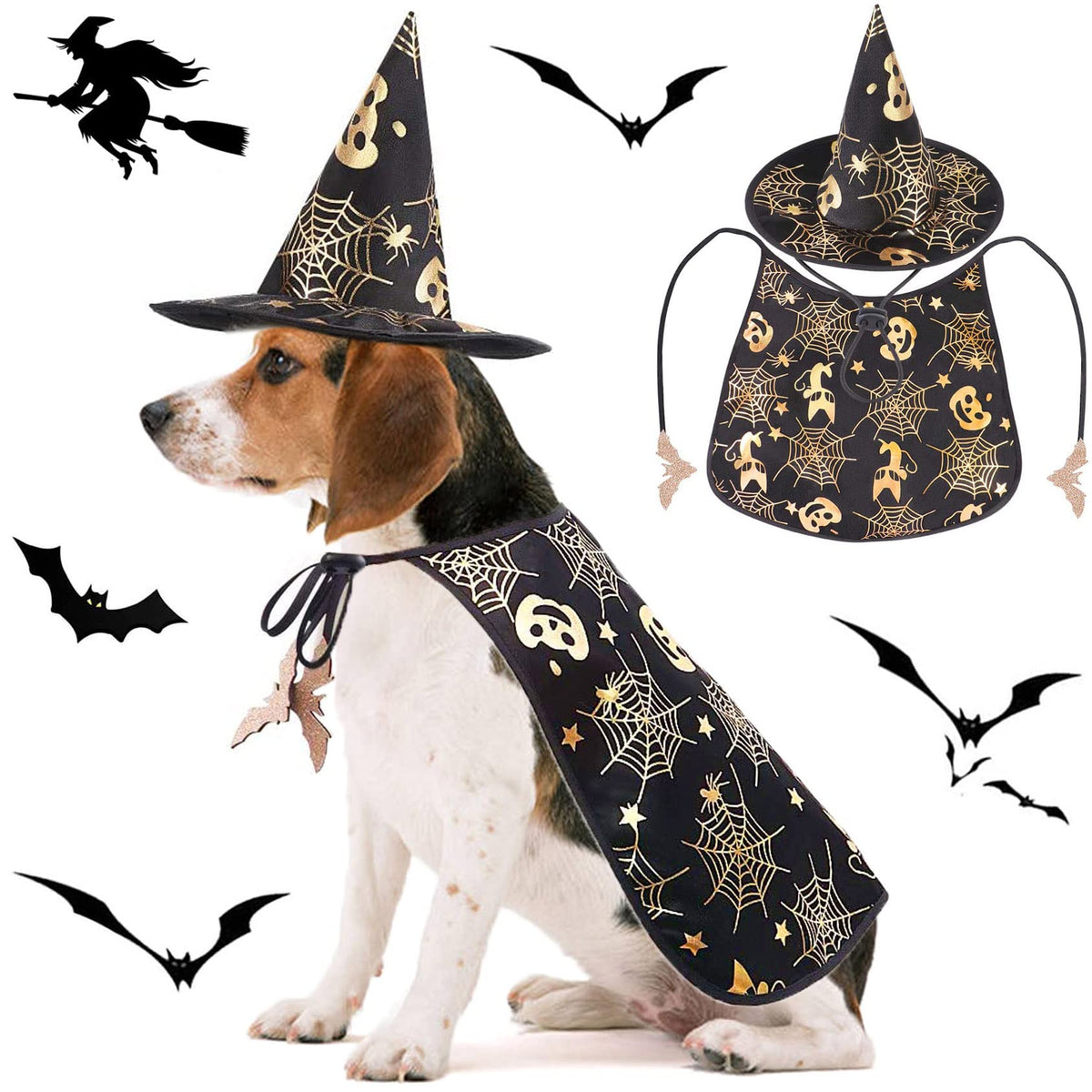 Qidelong 2 Pack Dog Halloween Costumes, Pet Vampire Cape and Witch Hat Cool Outfit, Party Cosplay Funny Apparel, for Medium Large Dogs, Wizard Hat/Cloak with Pumpkin and Spider Web Pattern