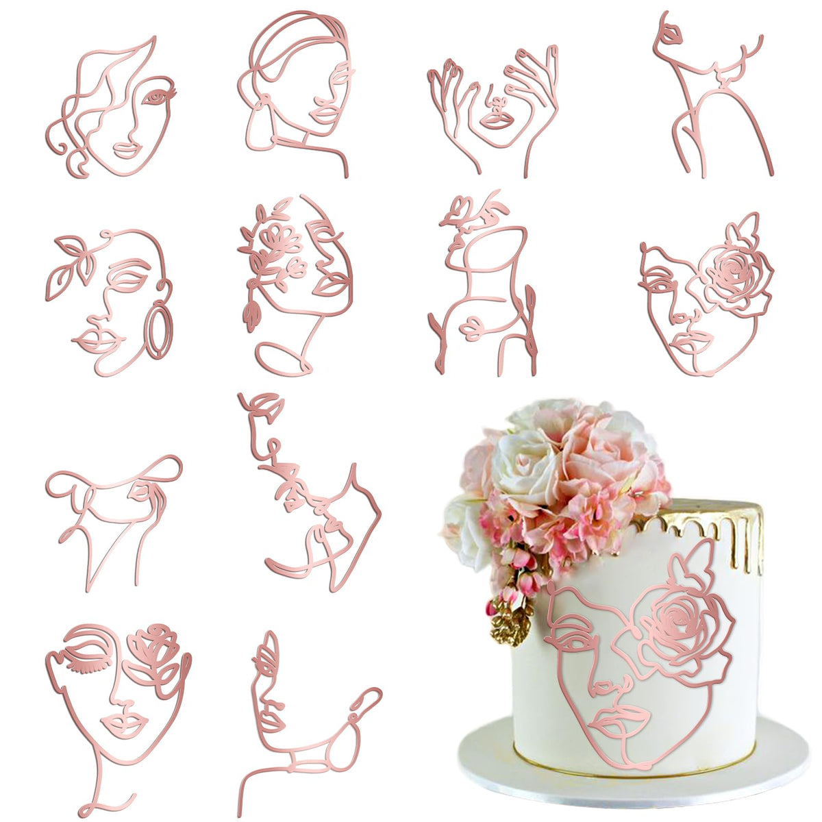 12 Pcs Acrylic Lady Face Cake Topper Minimalist Art Happy Birthday Cake Toppers Women Wedding Cake Decoration for Wedding Birthday Party (Rose gold)