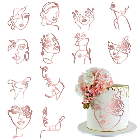 12 Pcs Acrylic Lady Face Cake Topper Minimalist Art Happy Birthday Cake Toppers Women Wedding Cake Decoration for Wedding Birthday Party (Rose gold)
