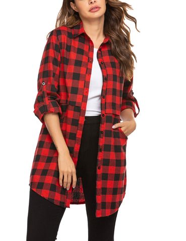 Hotouch Women's Checked Shirt Casual Long Sleeve V-Neck Checked Shirt Button Placket Oktoberfest Blouse Checked Shirt Jacket Tunic S-XXL, red, S