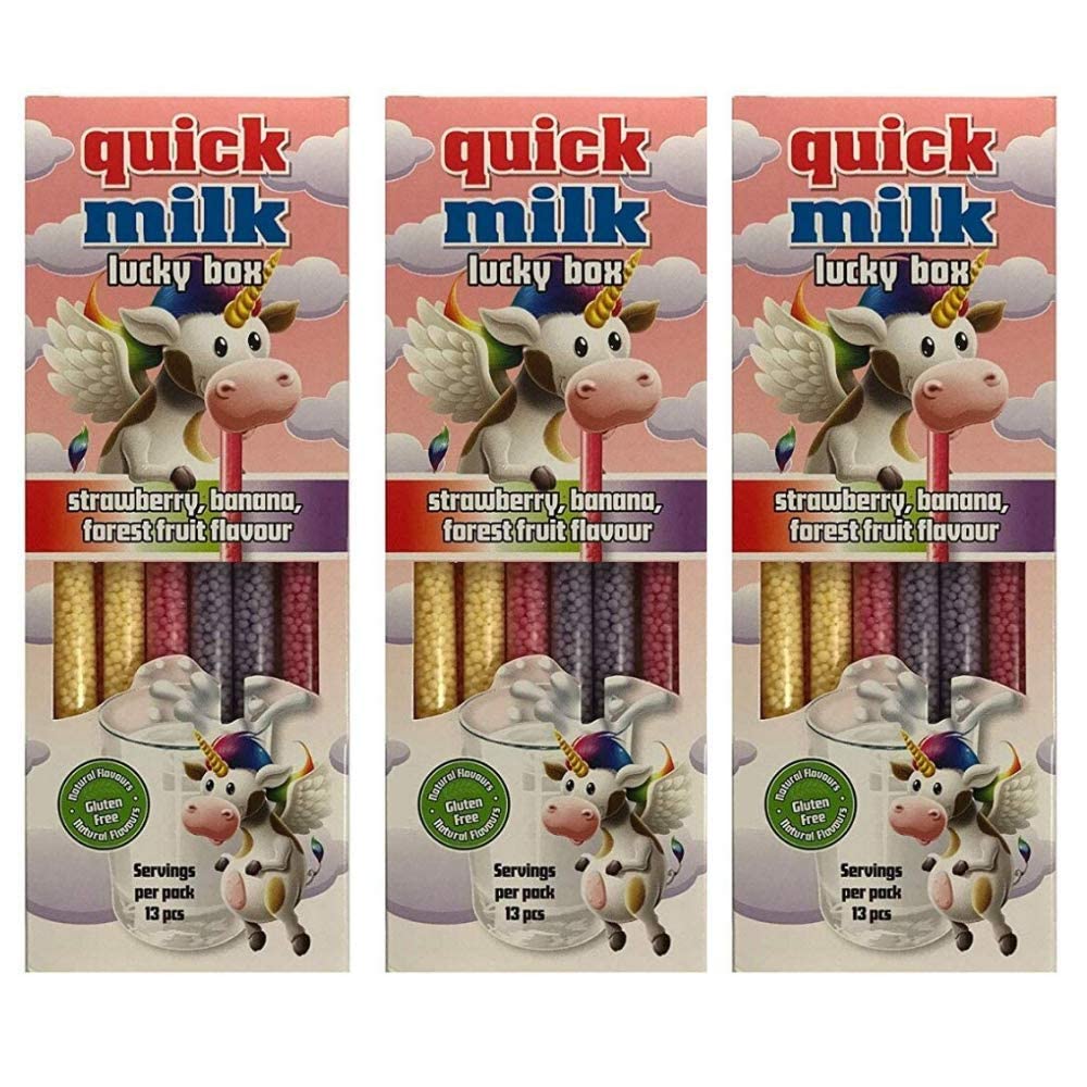 Quick Milk Lucky Box Unicorn - Strawberry, Banana and Forest Fruit Flavoured Milk Straws for Instant Milkshake - 3 Pack - 39 Straws - Great for Kids Parties - Gluten Free - Natural Flavours