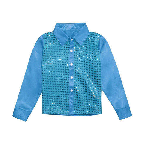 Kids Girls Sparkly Sequins Dance Top Boys Long Sleeve Button Down Shirt for Jazz Dance Performance Costume Boy Band Tee Shirts(Sky Blue,5-6 Years)