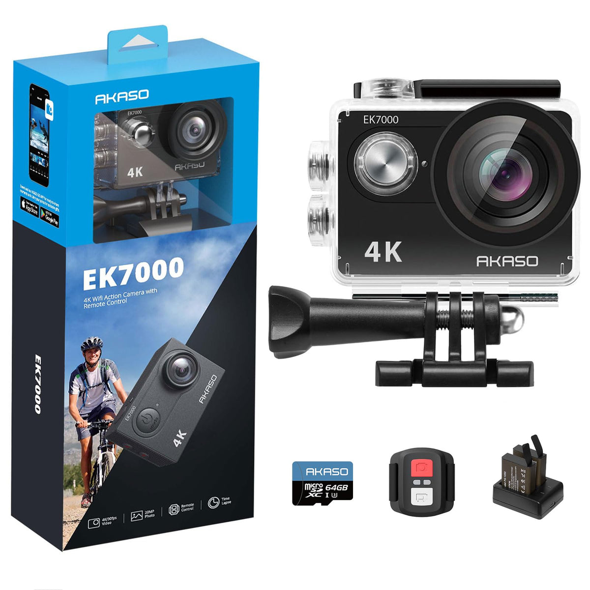AKASO EK7000 4K30FPS Action Camera with 64GB microSDXC Memory Card - 20MP Ultra HD Underwater Camera 170 Degree Wide Angle 98FT Waterproof Camera with Accessory Kit