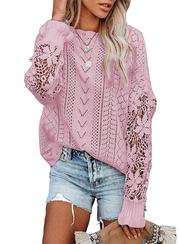 AlvaQ Womens Fall Fashion 2023 Trendy Lace Crochet Long Sleeve Knitted Casual Loose Pullover Sweater Tops Pink Small