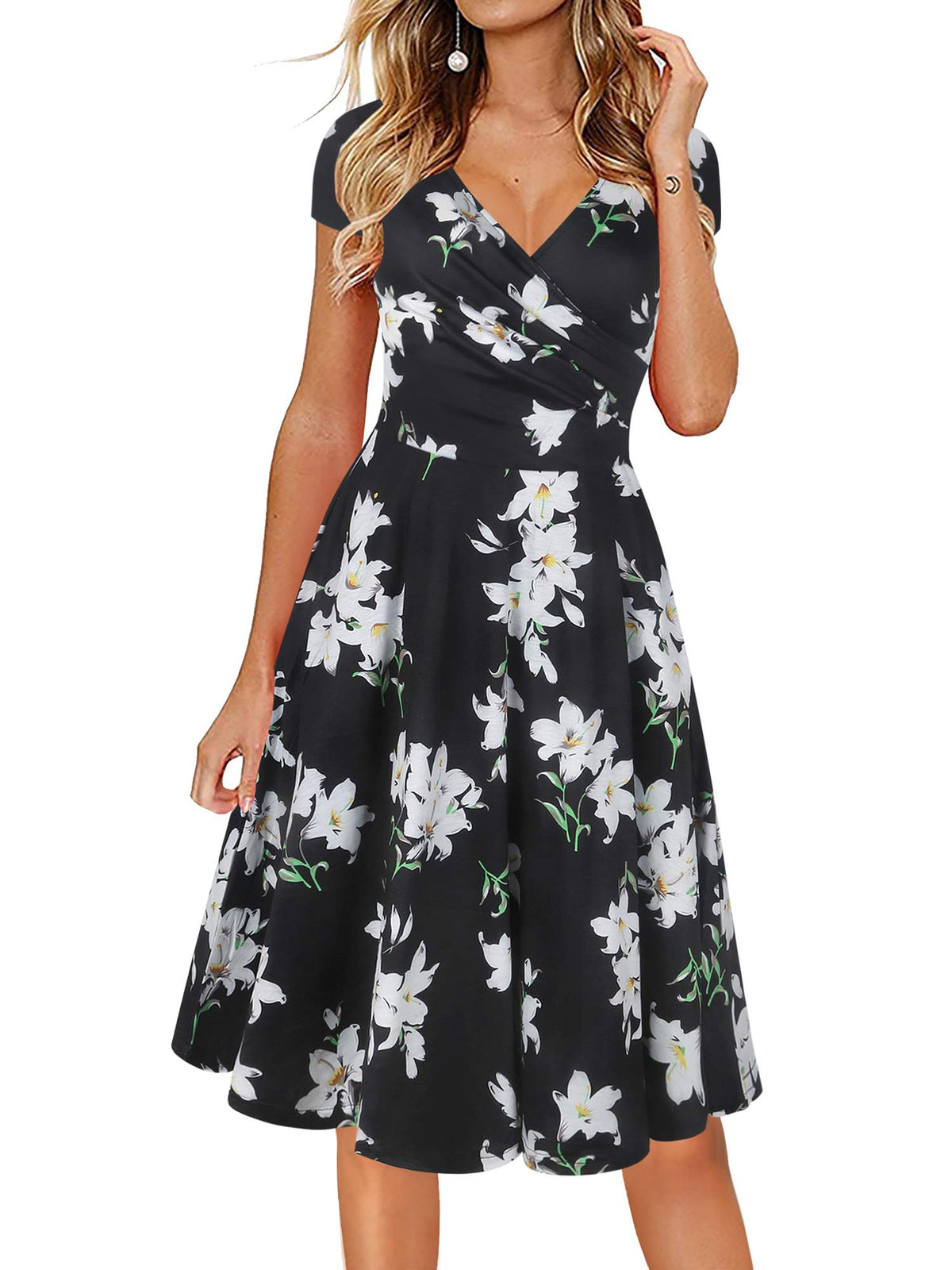 oxiuly Women's V-Neck Casual Summer Dress Floral A Line Party Tea Dresses OX233 (Black White F, s)