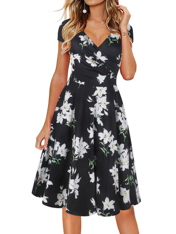 oxiuly Women's V-Neck Casual Summer Dress Floral A Line Party Tea Dresses OX233 (Black White F, s)