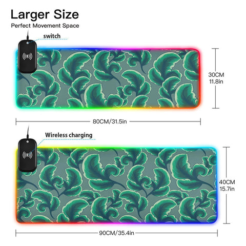Floral Foliage Tropical Leaves Wireless Charging Mouse Pad for Mobile Phone Extra Large Gaming Mousepad with 13 Lighting Modes Mouse Mat for Gaming MacBook PC Laptop Desk Office Home