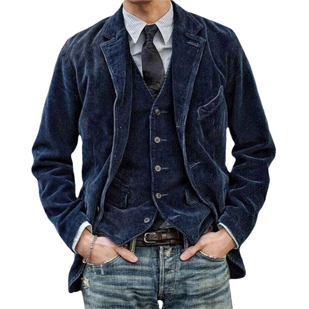 HanzhuoLG Men's Solid Color Fashion Casual Corduroy Jacket Retro Front Pocket Design Blazer Jacket Coat blue L