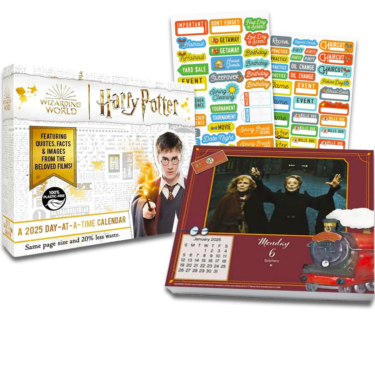 Harry Potter Calendar 2025 - Deluxe 2025 Harry Potter Day-at-a-Time Box Calendar Bundle with Over 100 Calendar Reminder Stickers (Muggle Gifts, Office Supplies)