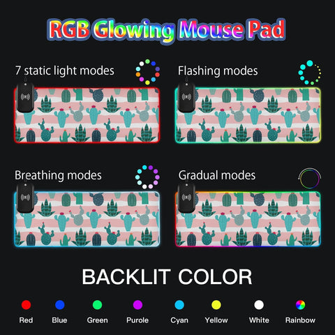 Cactus Pattern Blooming Wireless Charging Mouse Pad for Mobile Phone Extra Large Gaming Mousepad with 13 Lighting Modes Keyboard Mat for Gaming MacBook PC Laptop Desk Home Office