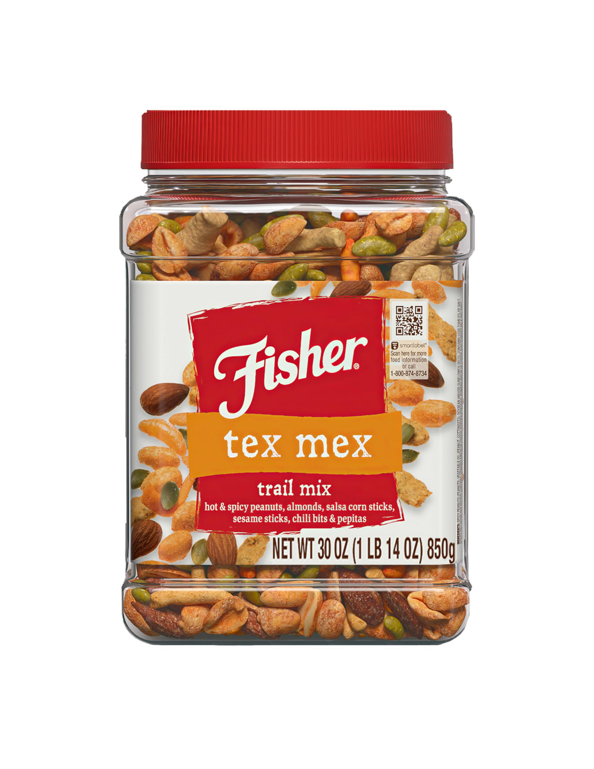 Fisher Snack Tex Mex Trail Mix, 30 Ounces, Hot and Spicy Peanuts, Almonds, Salsa Corn Sticks, Sesame Sticks, Chili Bits, Pepitas
