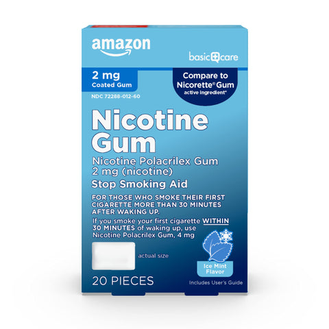 Amazon Basic Care Coated Nicotine Gum, 2 mg, Ice Mint Flavor, Stop Smoking Aid, 20 Count