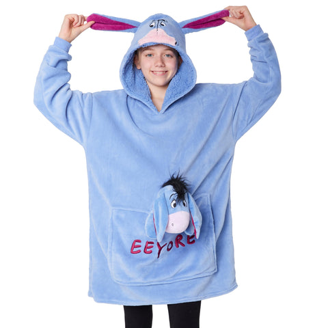 Disney Stitch Fleece Hoodie Blanket with Plush Toy for Teenagers Eeyore Angel Minnie Mouse Kids Oversized Hoodie (Blue Eeyore)
