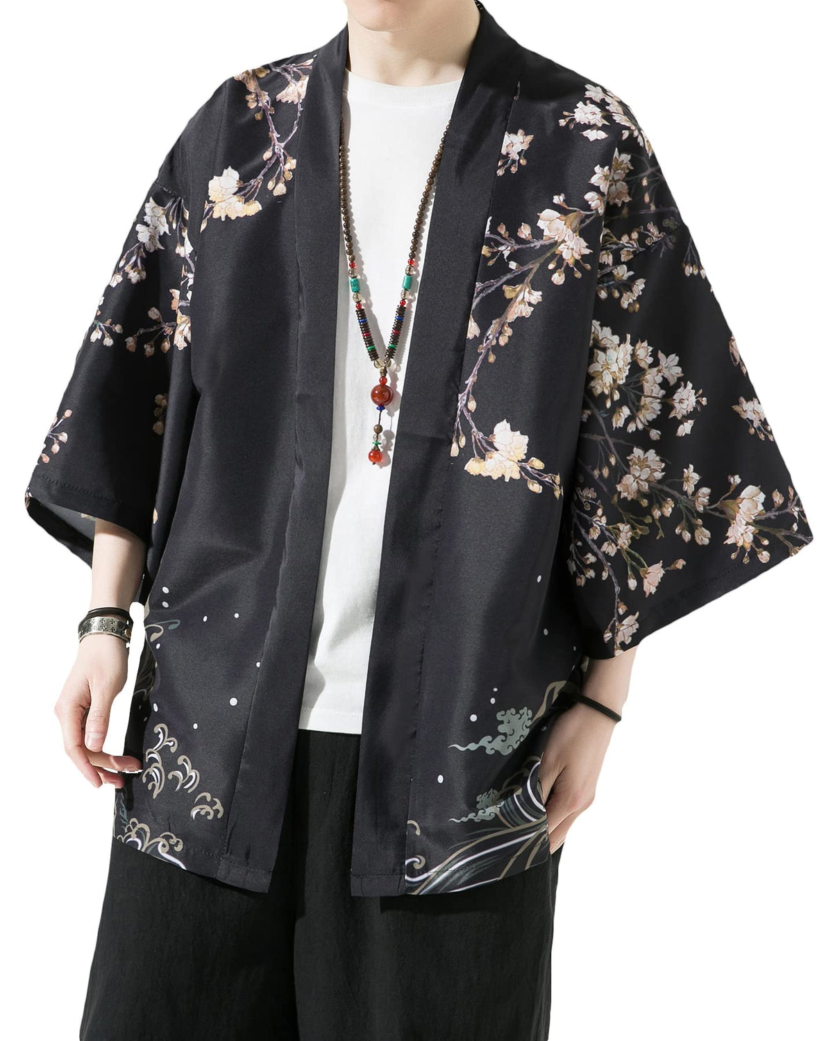 PRIJOUHE Men's Kimono Cardigan Jacket Japanese Style Flying Crane Seven Sleeves Open Front Coat, Black-36, Small