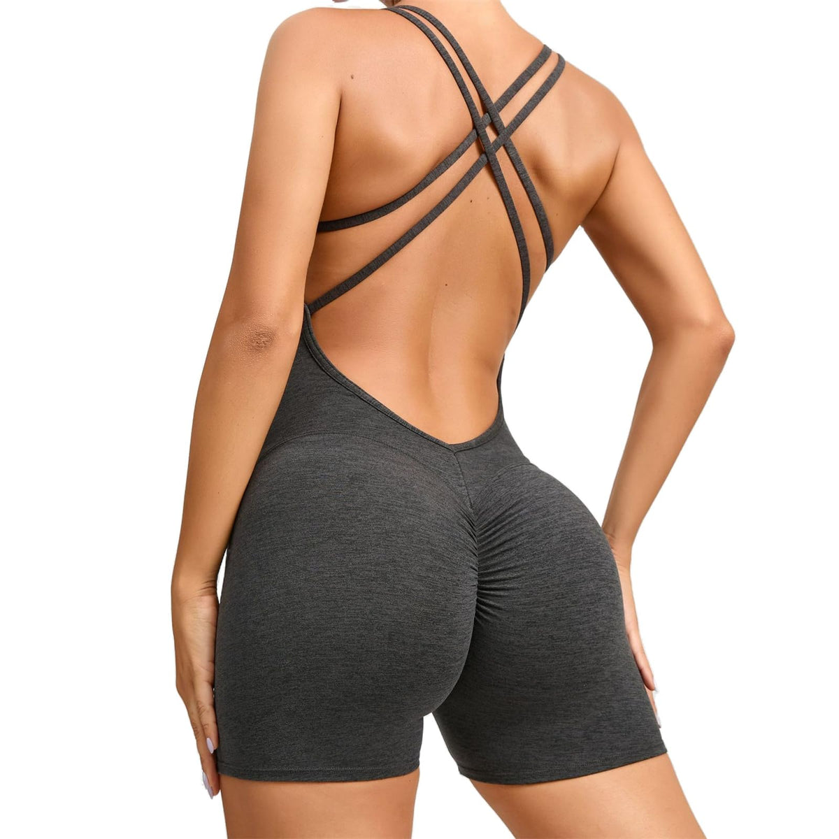 Qszmjo One-piece Workout Jumpsuit for Women Backless Yoga Bodysuit Athletic Fitness Butt Lift Back Cross Sport RompersM
