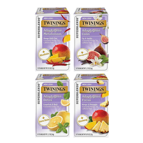 Twinings Superblends Adaptogens Wellness Variety Sampler Pack, Flavoured Herbal & Green Tea, 18 Count (Pack of 4), Enjoy Hot or Iced