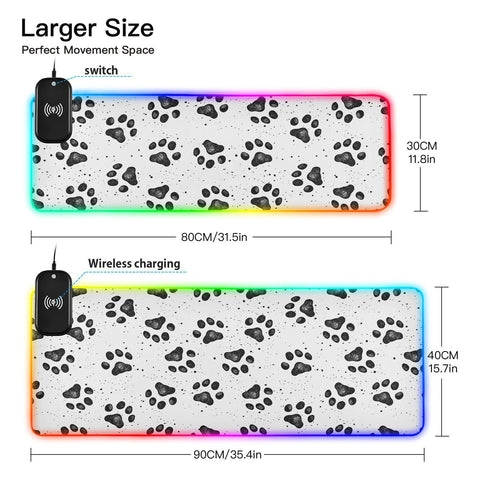Black Dog Paw Wireless Charging Mouse Pad for Mobile Phone Extra Large Gaming Mousepad with 13 Lighting Modes Mouse Mat for Gaming MacBook PC Laptop Desk Office Home