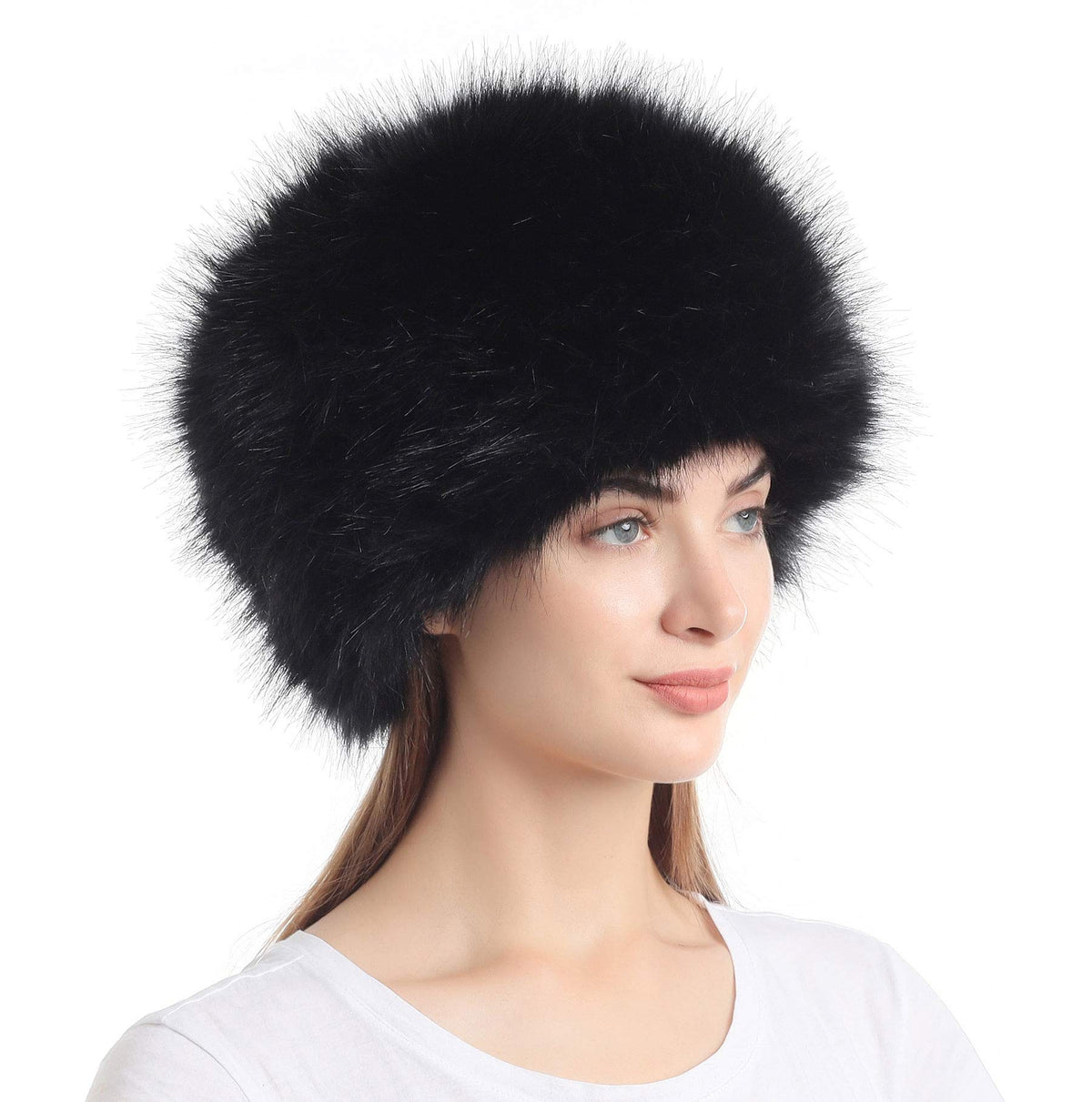 soul young Women's Cossack Russion Style Faux Fur Hat with Stretch for Winter Warm Cap(Black)