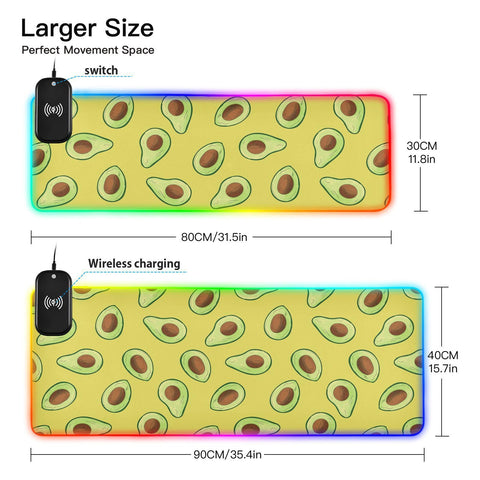 Avocado Fruit Wireless Charging Mouse Pad for Mobile Phone Extra Large Gaming Mousepad with 13 Lighting Modes Mouse Mat for Gaming MacBook PC Laptop Desk Home Office