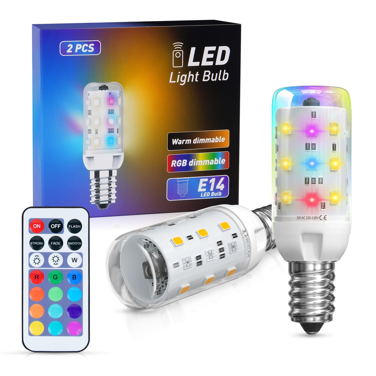 TobeBright 2W E14 RGB Colour Changing LED Light Bulbs, E14 Dimmable Capsule LED Remote Control RGB+Warm White 3000K LED Bulbs AC 230V Ambient Mood Light for Party Bar, 2-Pack