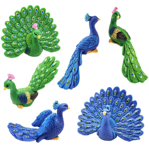 Miniature Peacocks Figurine 6 Pcs Peafowl Toy Figure Collection Playset Cake Topper Decoration, Micro Landscape Fairy Garden Decoration Wedding Party Supplies