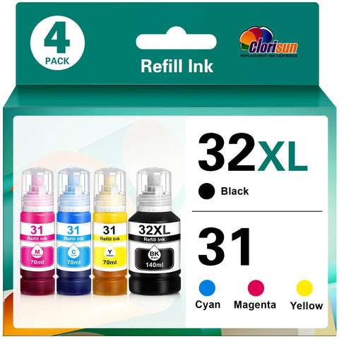 Clorisun 31 32XL Ink Bottle Set Refill Ink Compatible for HP Smart Tank 5000 7602 6001 5101 7301 7001 Plus 651 551 455 457 450 All-in-One Ink-Tank Printers (Black, Cyan, Magenta, Yellow, 4-Pack)