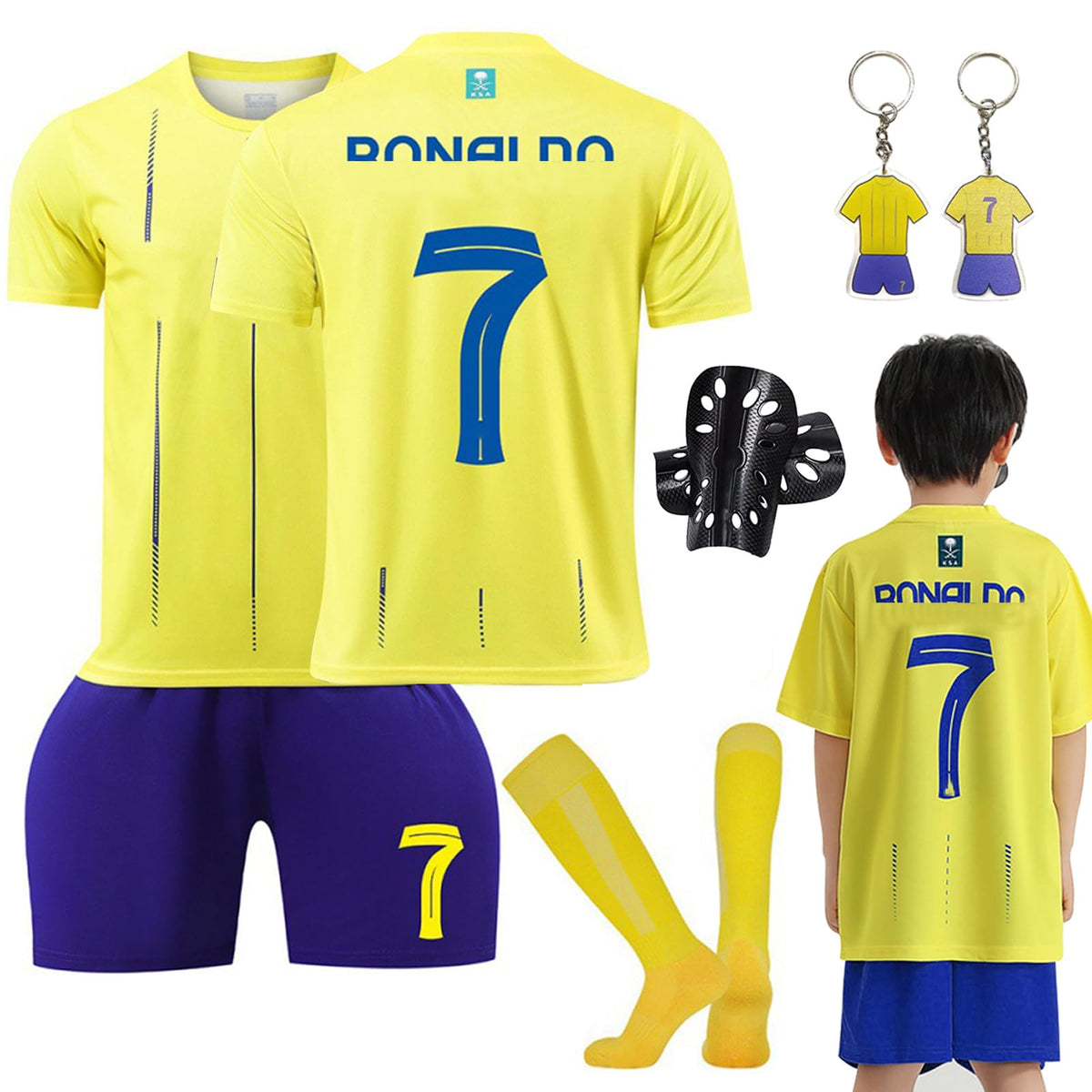 Ronronner Children's Football Jersey, Football Jersey, Short-Sleeved Jersey Shorts Set, No. 7 Yellow Jersey Football Jersey with Socks for Adults and Children, Huang-7-24, 60