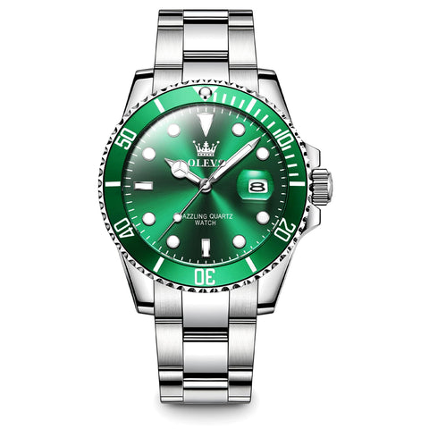 OLEVS Green Watch for Men Silver Stainless Steel Watch Large Face Classic Pro Diver Men's Watch Metal Strap Water Resistant Calendar Business Quartz Analog Dress Watch Men,Relojes para Hombres