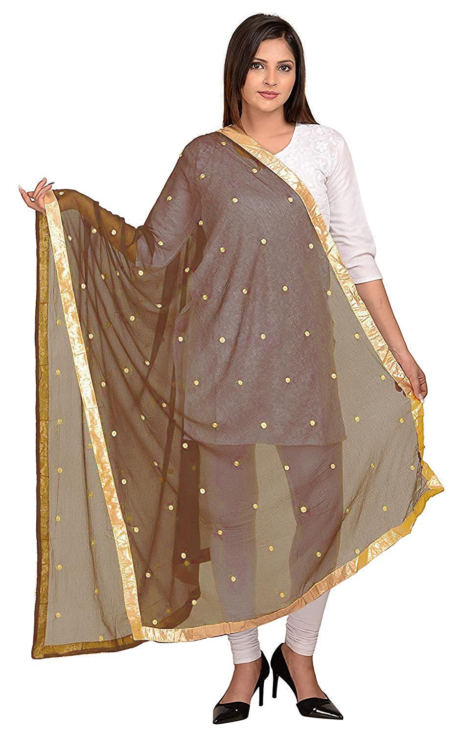 themilestocks Woman's Embroidered Chiffon Dupatta Scarf Shawl Wrap Soft Indian Bridal Wedding (Coffee)