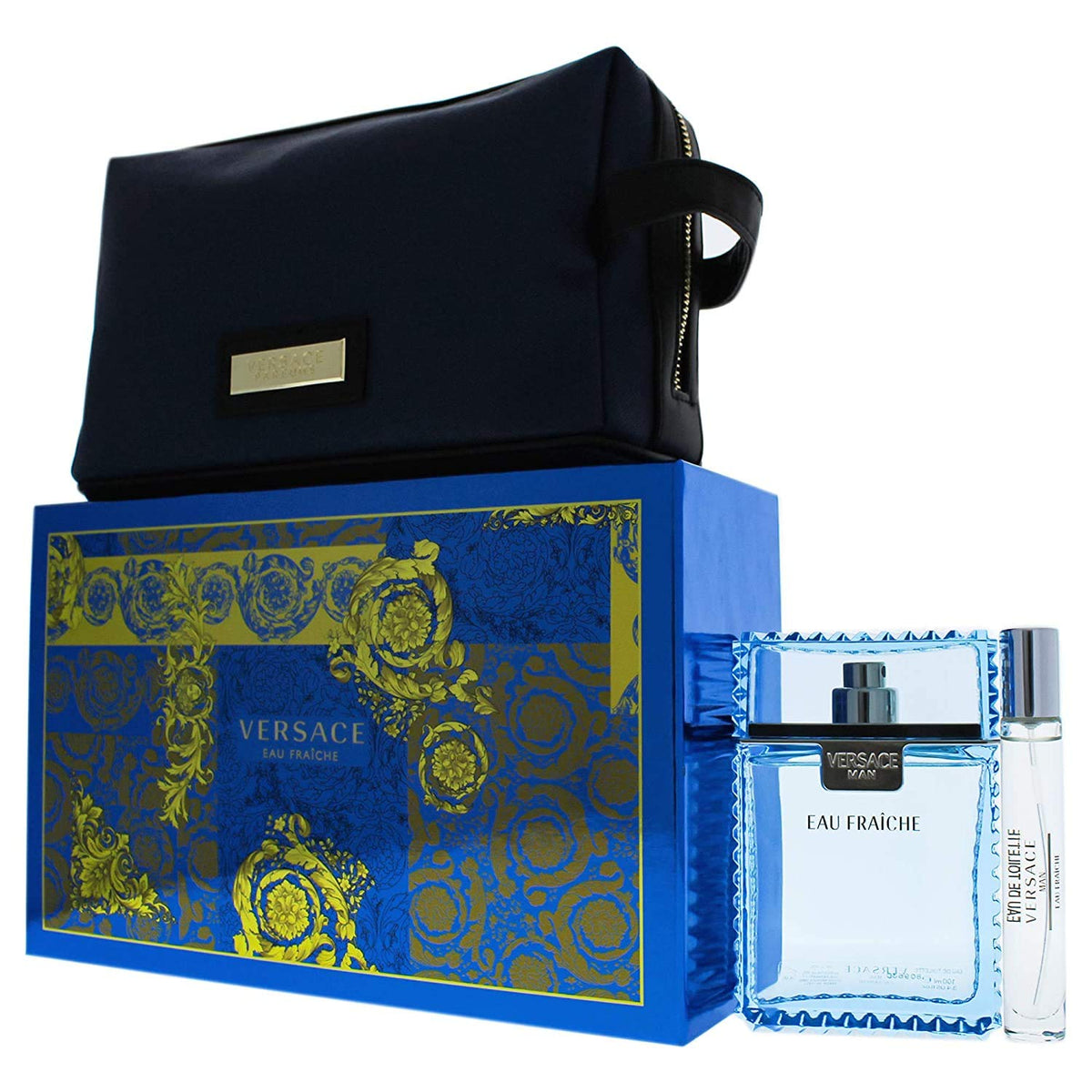 Versace Eau Fraiche for Men 3 Piece Set (3.4 Oz Eau De Toilette Spray + 10ml Travel Spray + Versace Blue Trousse)