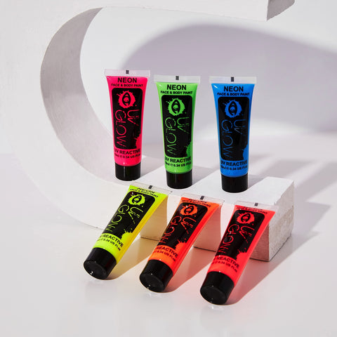 UV Glow Neon Face and Body Paint Set of 6 Tubes - Fluorescent - Brightest glow under UV!