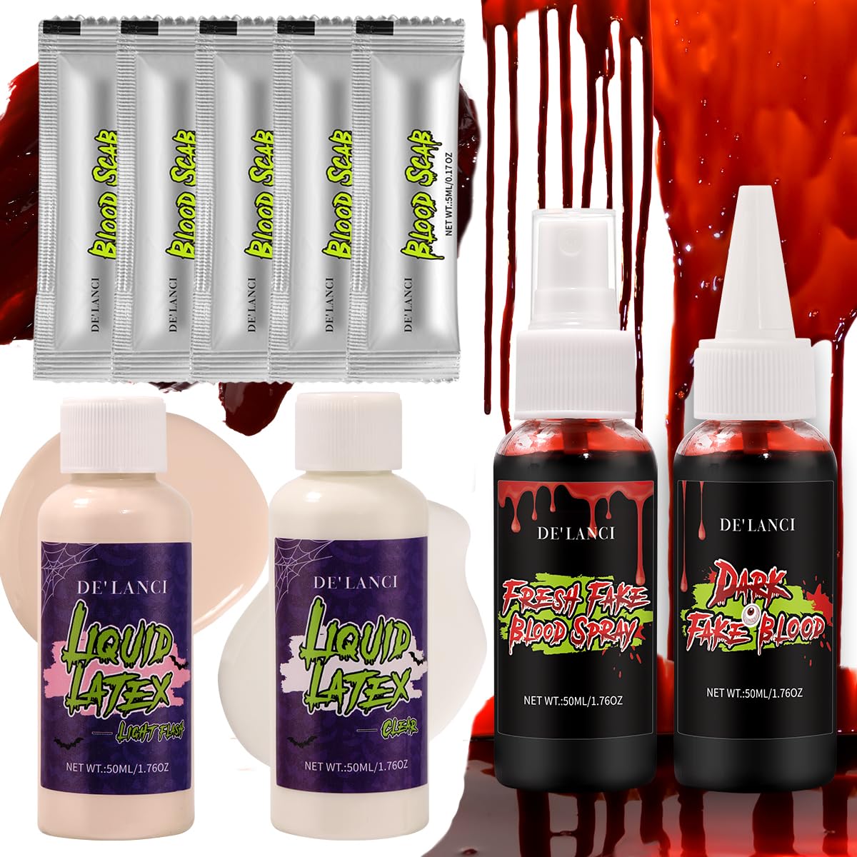 Liquid Latex and Fake Blood SFX Makeup Kit, Liquid Latex White & Flesh, Bright Blood Spray, Dark Dripping Stage Blood, Coagulated Blood Gel, Halloween Monster Zombie Makeup for Burn Scar Wound Wrinkle