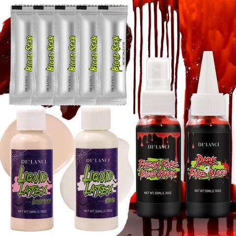 Liquid Latex and Fake Blood SFX Makeup Kit, Liquid Latex White & Flesh, Bright Blood Spray, Dark Dripping Stage Blood, Coagulated Blood Gel, Halloween Monster Zombie Makeup for Burn Scar Wound Wrinkle