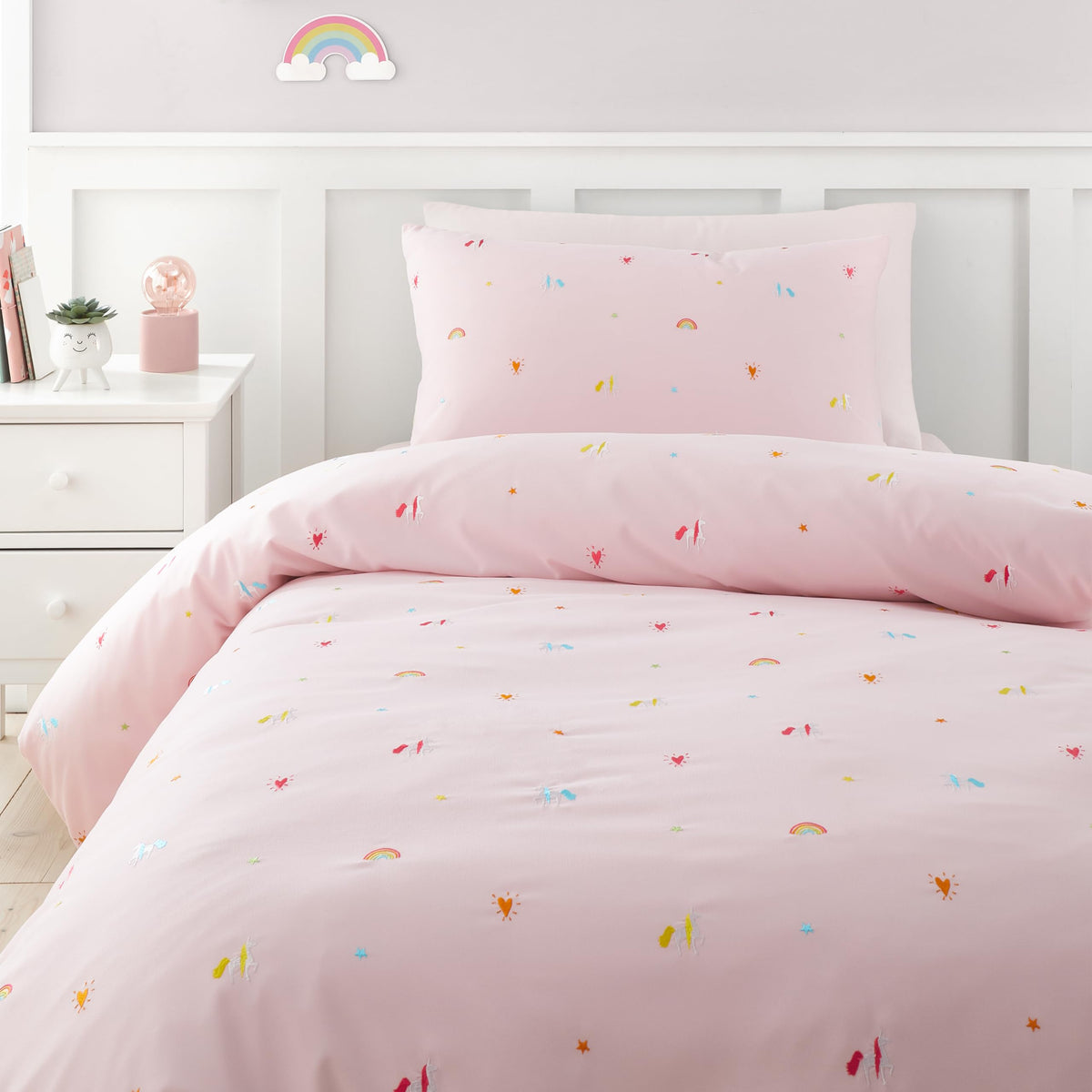Catherine Lansfield Embroidered Unicorn Double Duvet Cover Set Pink