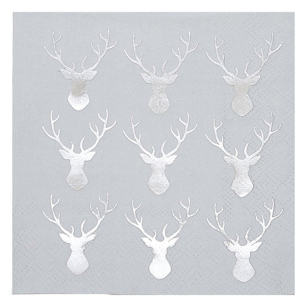 Ginger Ray Mini Silver Foiled Christmas Metallic Stag Paper Party Napkins 20 Pack