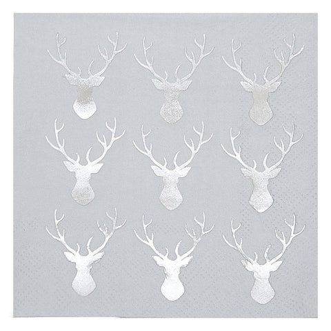 Ginger Ray Mini Silver Foiled Christmas Metallic Stag Paper Party Napkins 20 Pack